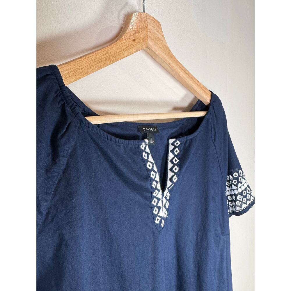 Talbots Womens Blouse Top Navy White Embroidered 100% Cotton L Coastal preppy - Picture 3 of 9